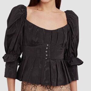 For Love & Lemons Black Bijoux Moire Top with Puff Sleeve Size Small NWT